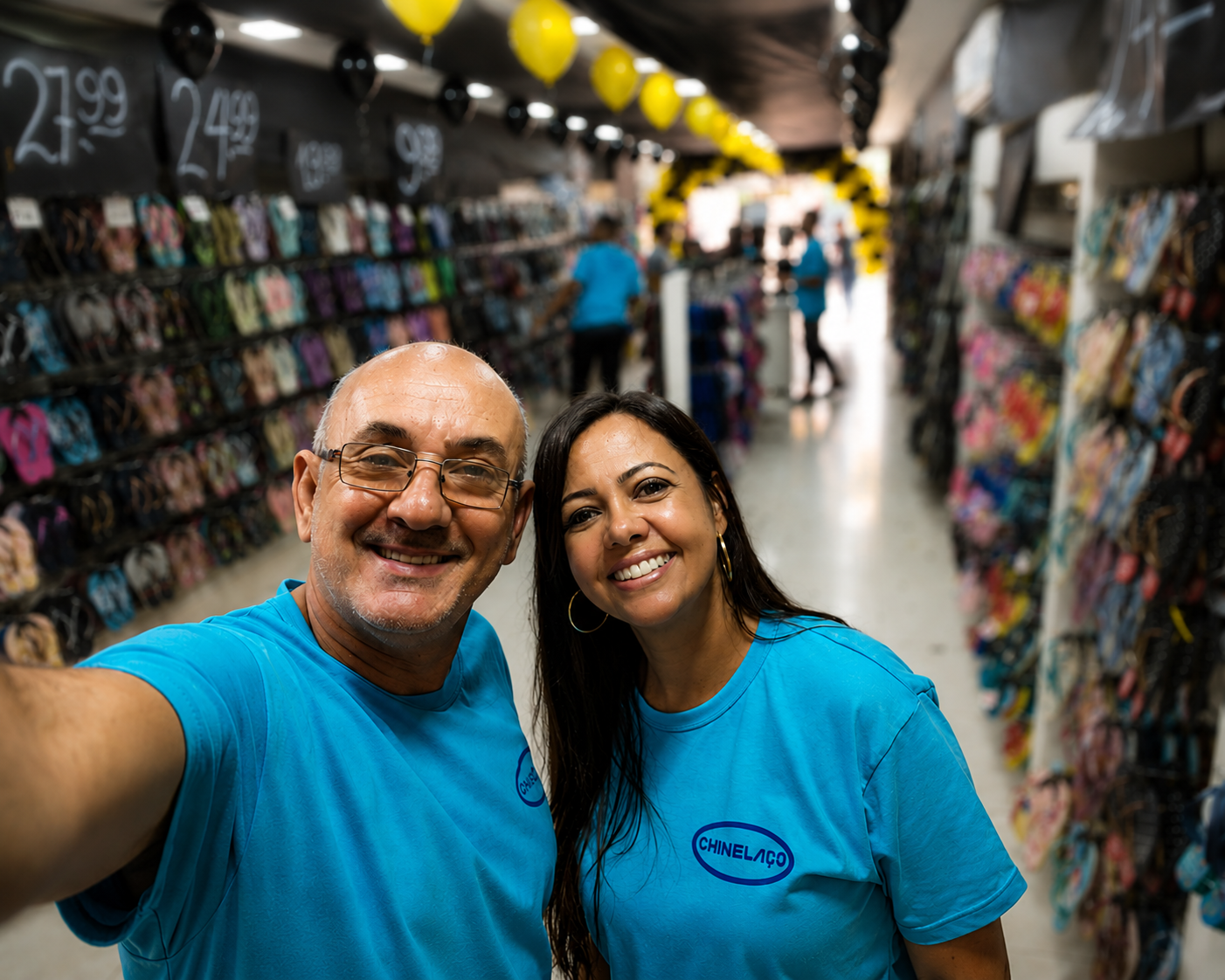 José e Marisa, fundadores da Chinelaço, dentro da loja de calçados